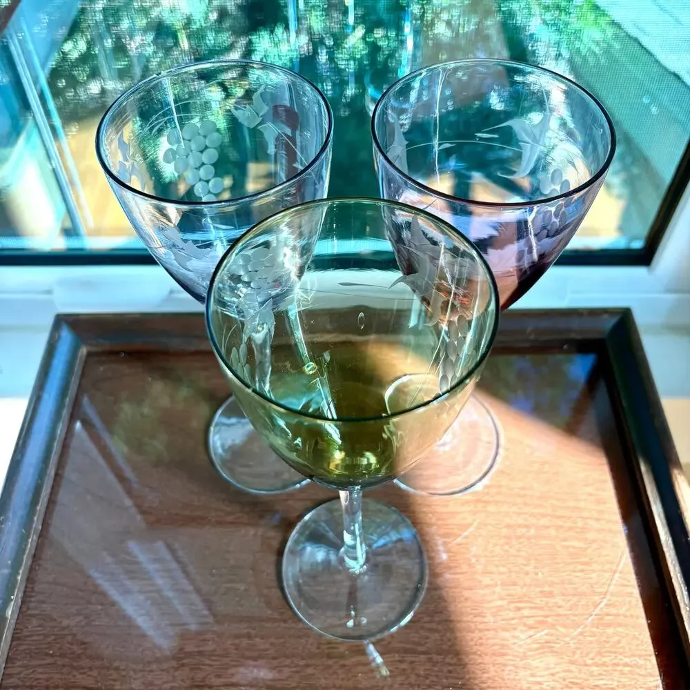 Hand Blown Wine Glasses Green & Purple Etched Grape Set of 3